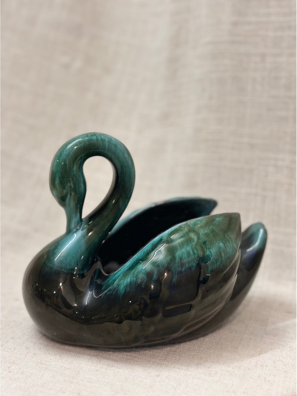 Vintage Blue Mountain Pottery 6" Large Swan Planter Canada Green Drip Glaze #2